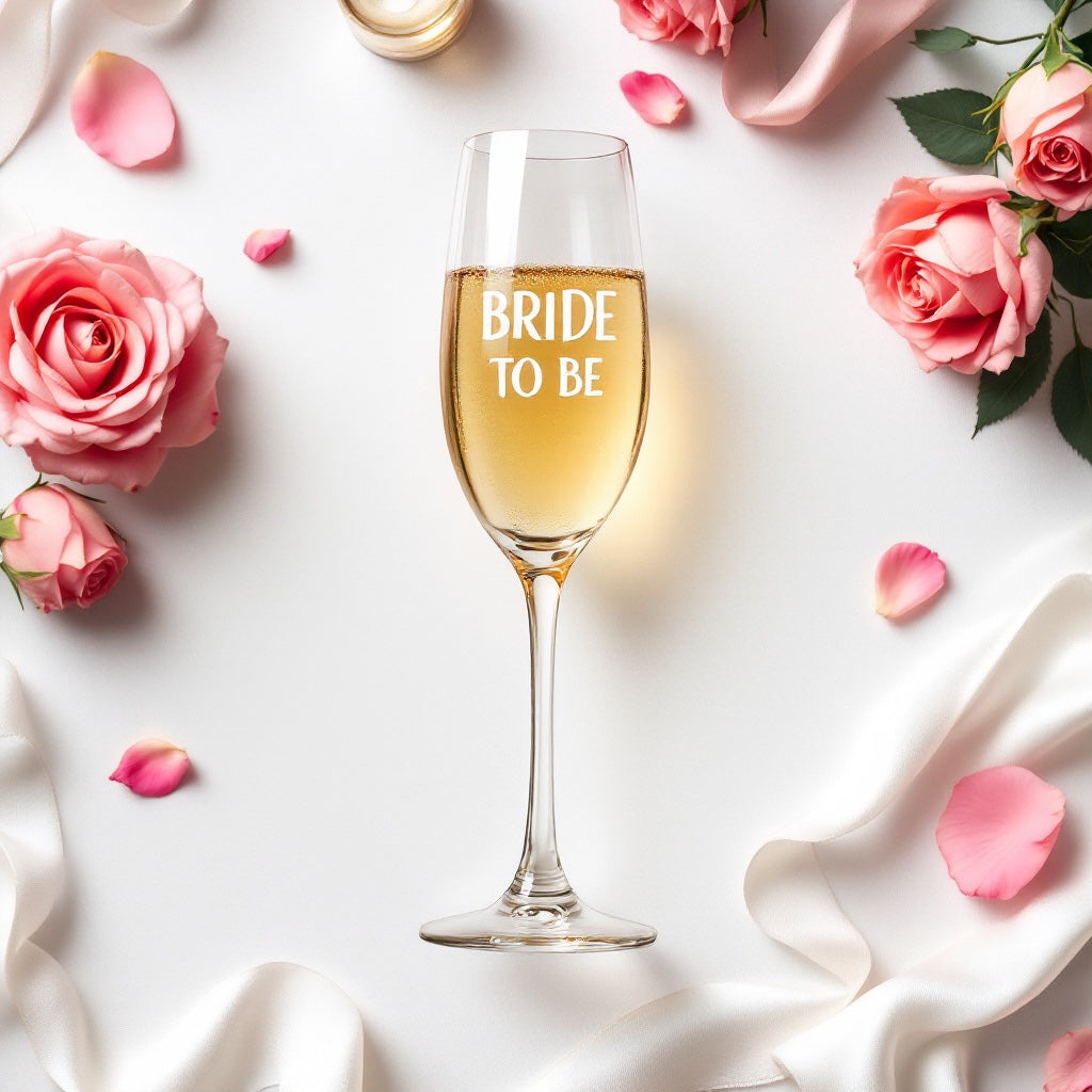 CraftyGstudio crystal champagne flute with Bride To Be inscription, surrounded by pink roses and white silk ribbon.