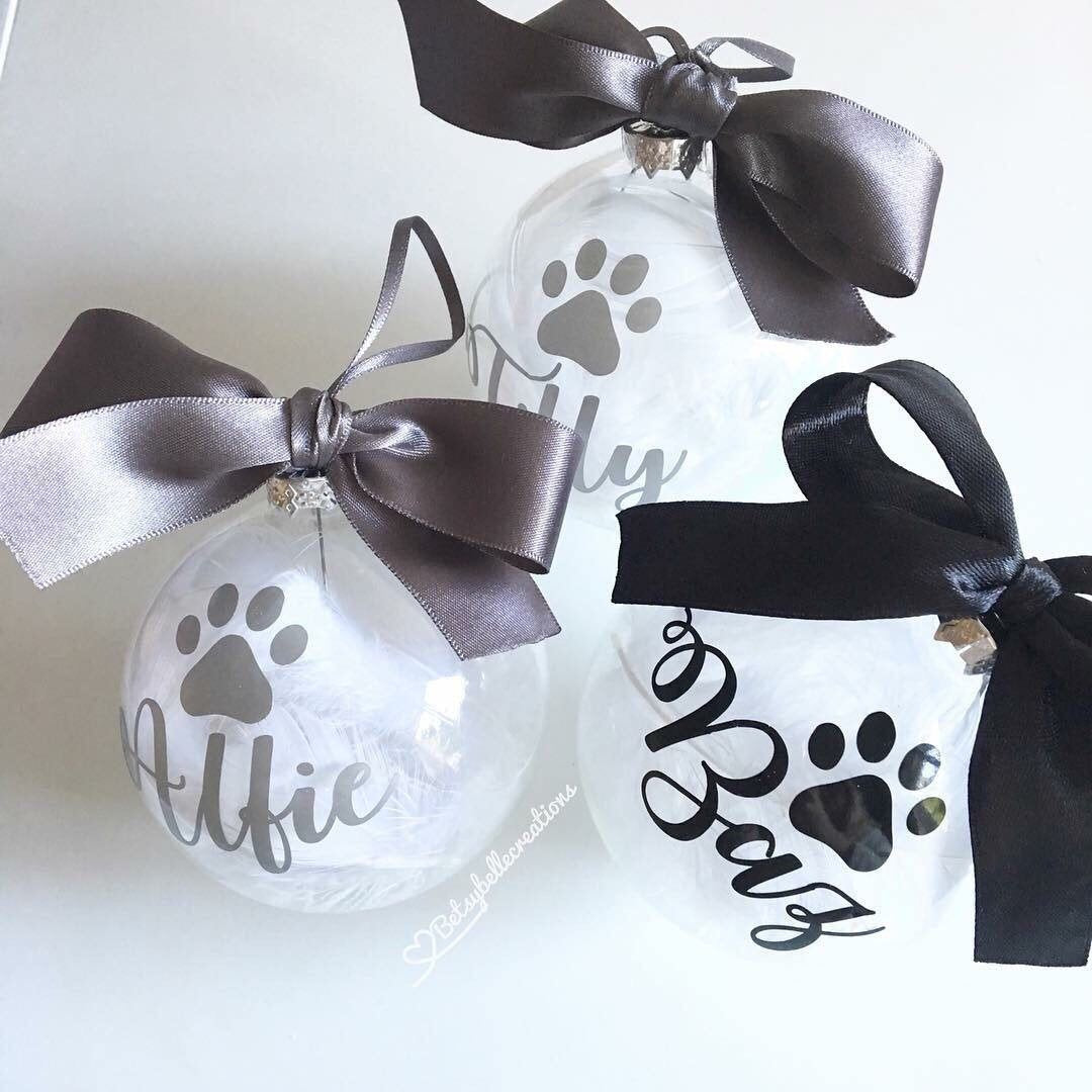 Clear Christmas ornaments with paw prints and names, tied with ribbons on a white background