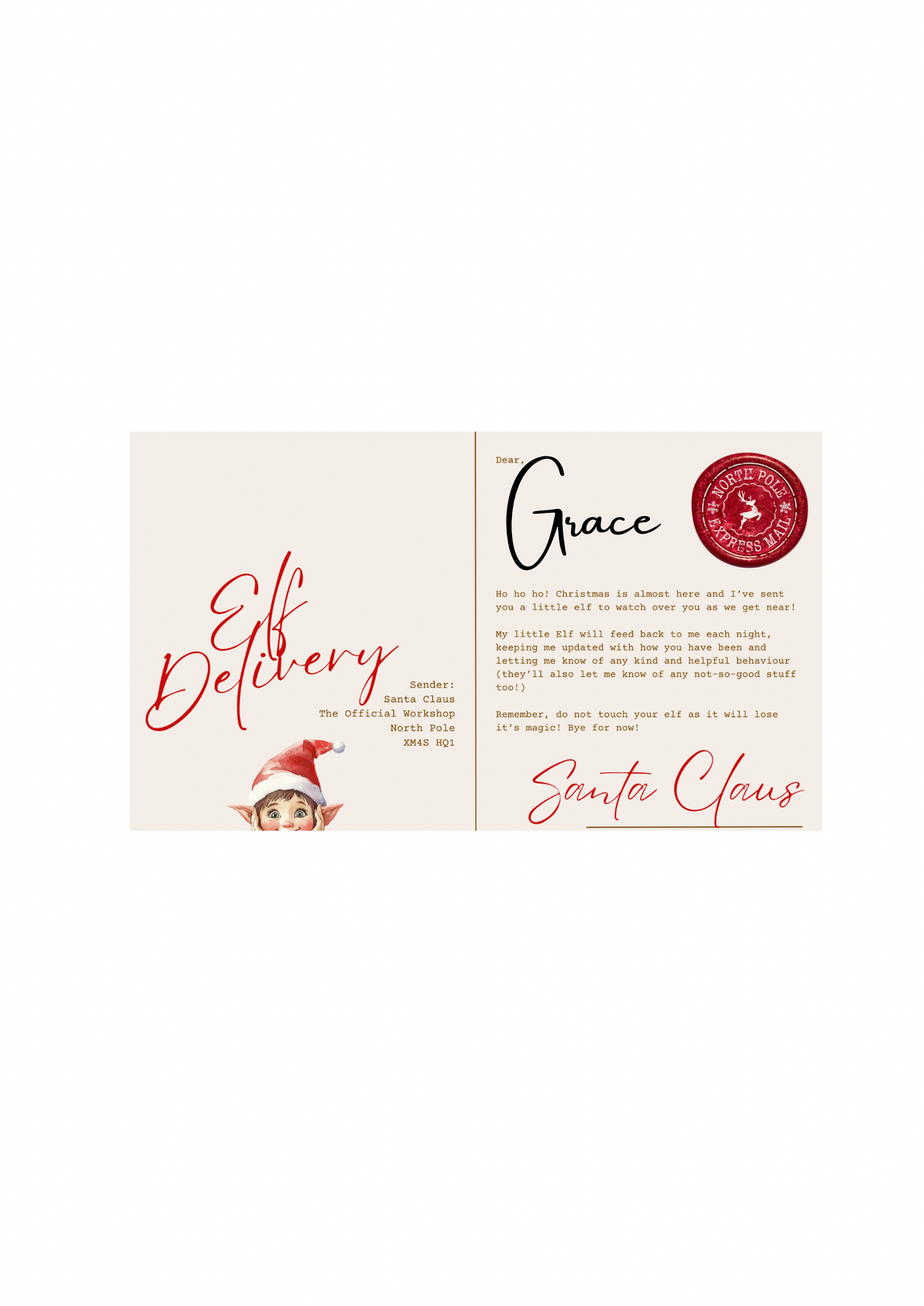 Elf Arrival Postcard Personalised no Elf