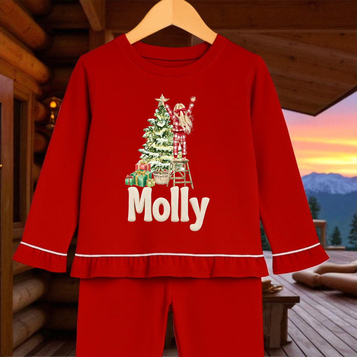 Girl Decorating the tree  Frill Christmas PJS Personalised