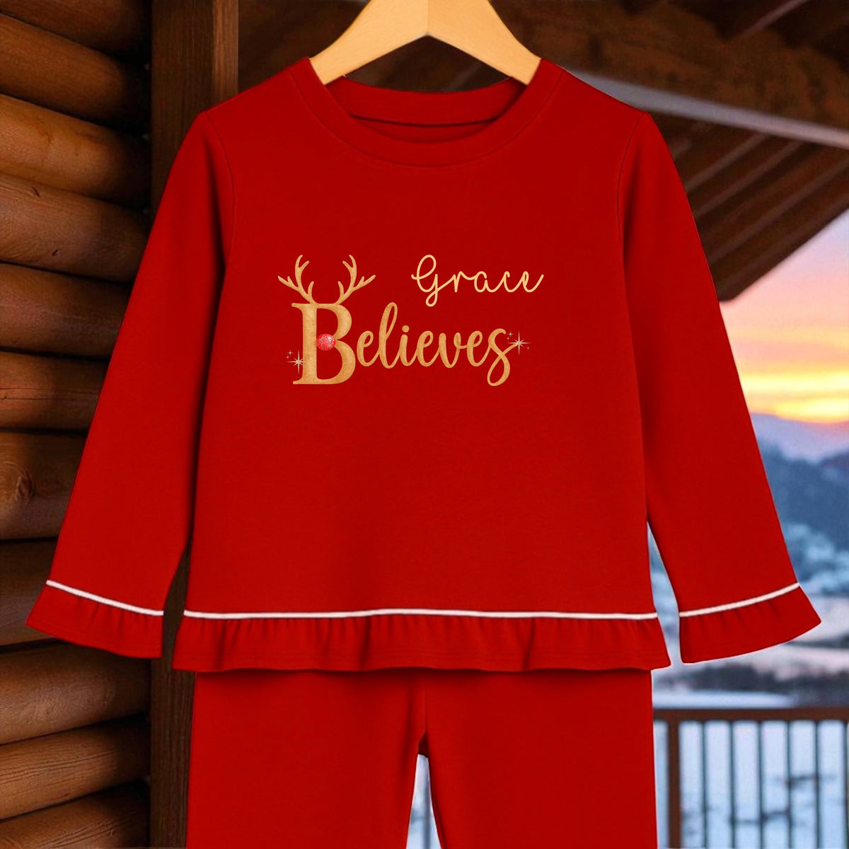 Girl Decorating the tree  Frill Christmas PJS Personalised