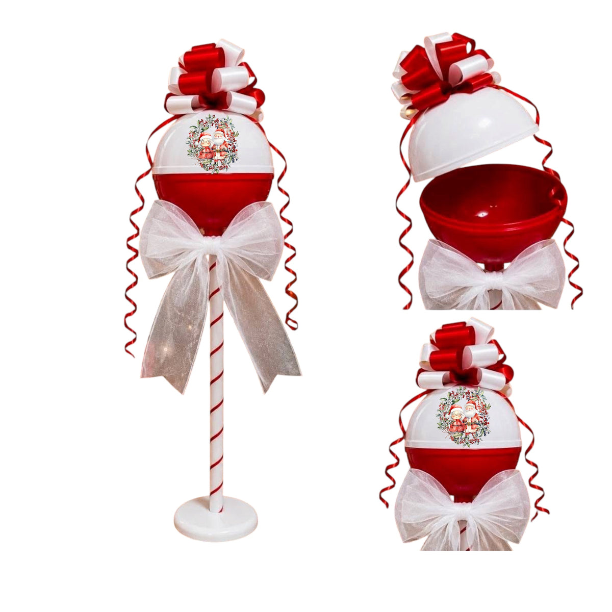 A red and white Christmas ornament display stand featuring a candy cane pole, a large white and red ornament with a white tulle bow, and a small wreath emblem. Two smaller inset views on the right show the ornament from different angles, including an open top view revealing a red bowl inside.