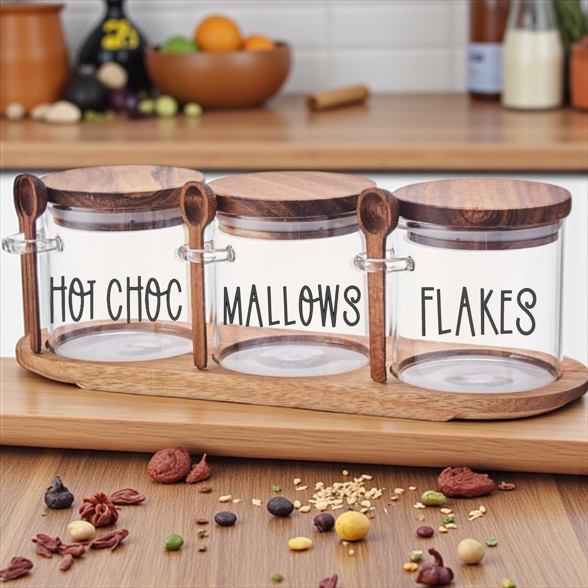 Set of 3 jars Hot Chocolate Station with tray and spoons