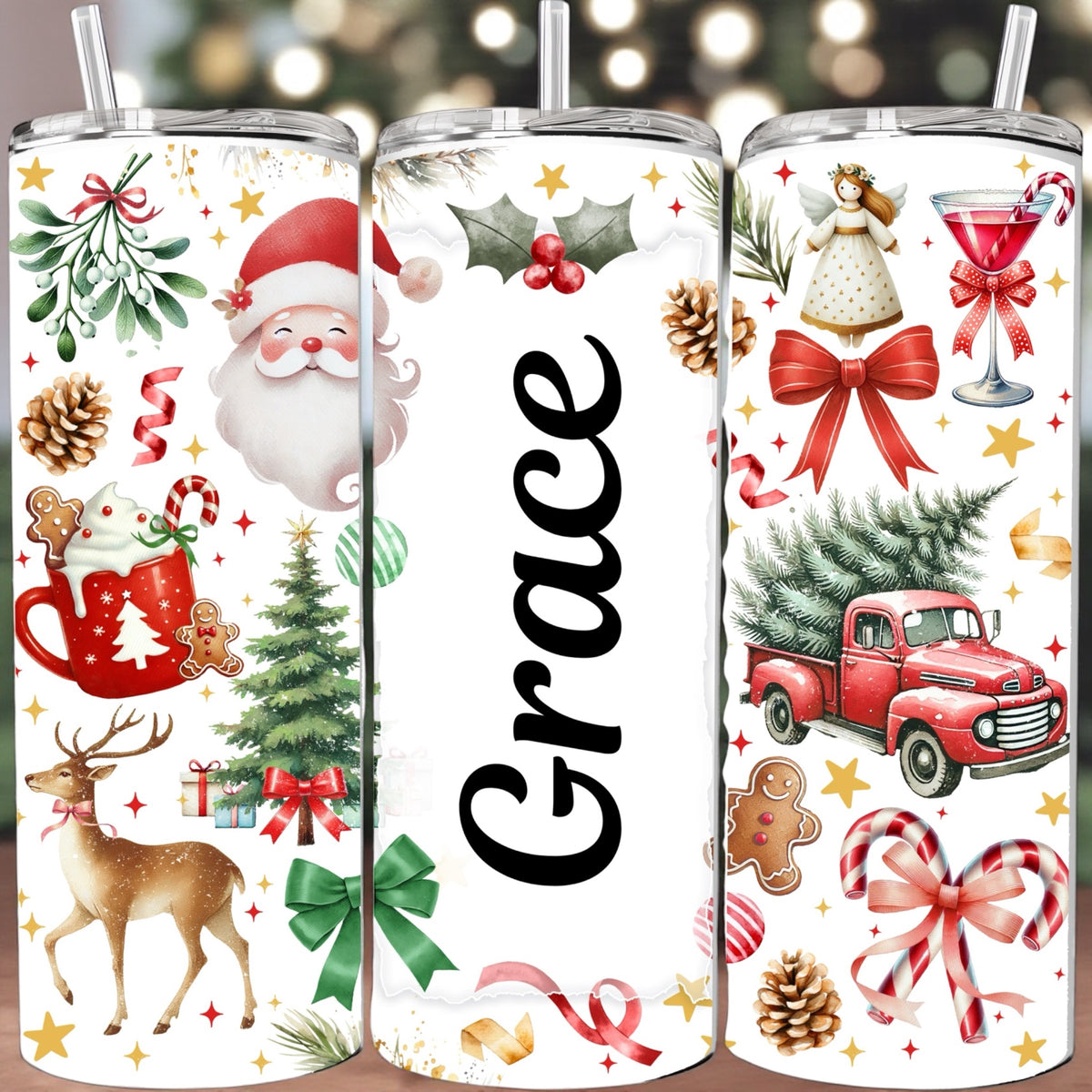 Three Christmas-themed tumblers with various designs including Santa Claus, reindeer, and a red truck.