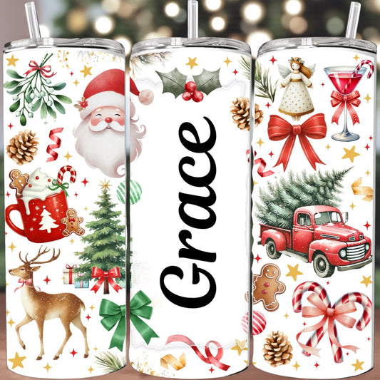 Three Christmas-themed tumblers with various designs including Santa Claus, reindeer, and a red truck.