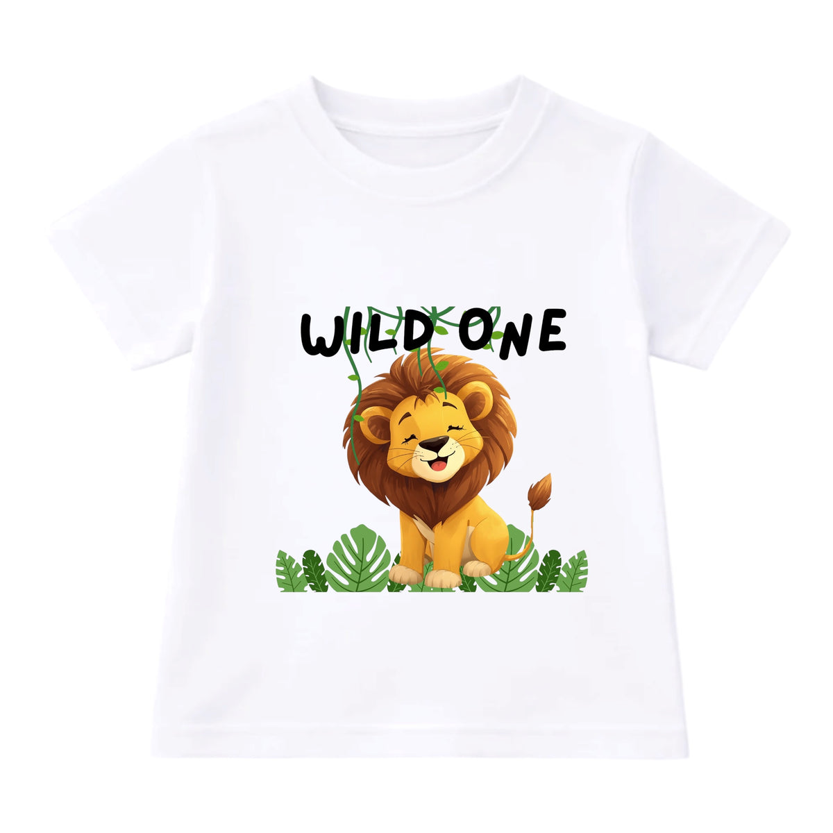 White t-shirt with a lion graphic and 'WILD ONE' text on a white background