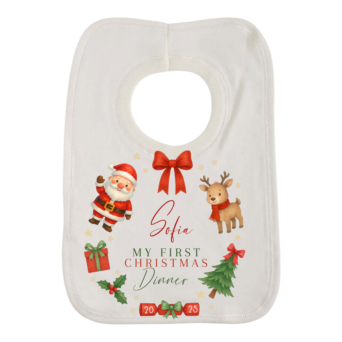 Christmas-themed baby bib with Santa Claus, reindeer, and festive elements on a white background.