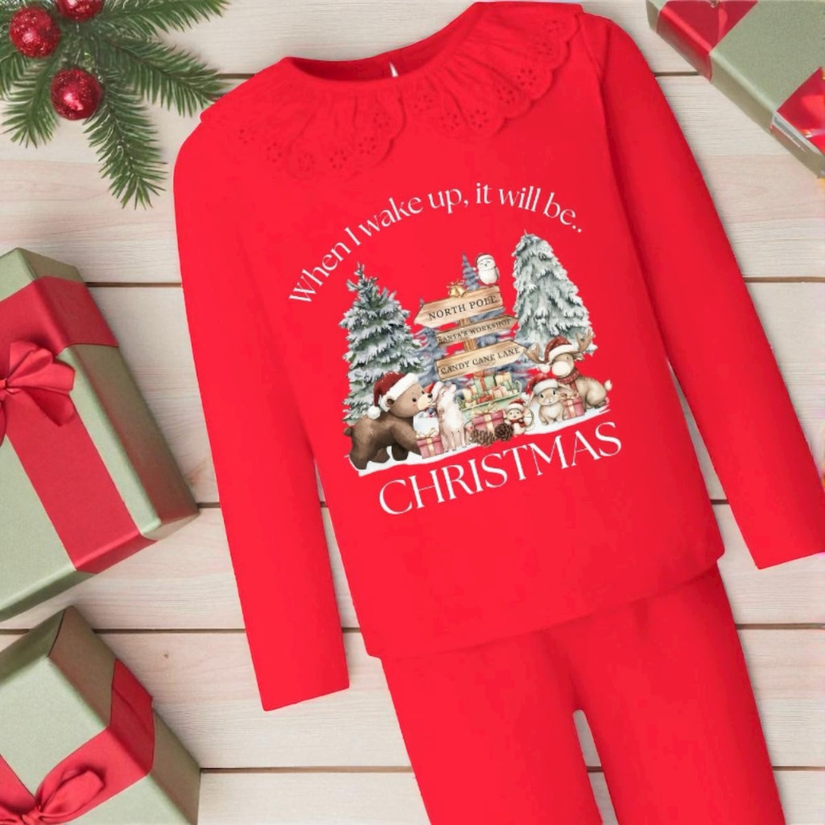 When I wake up Frill Christmas PJS Personalised