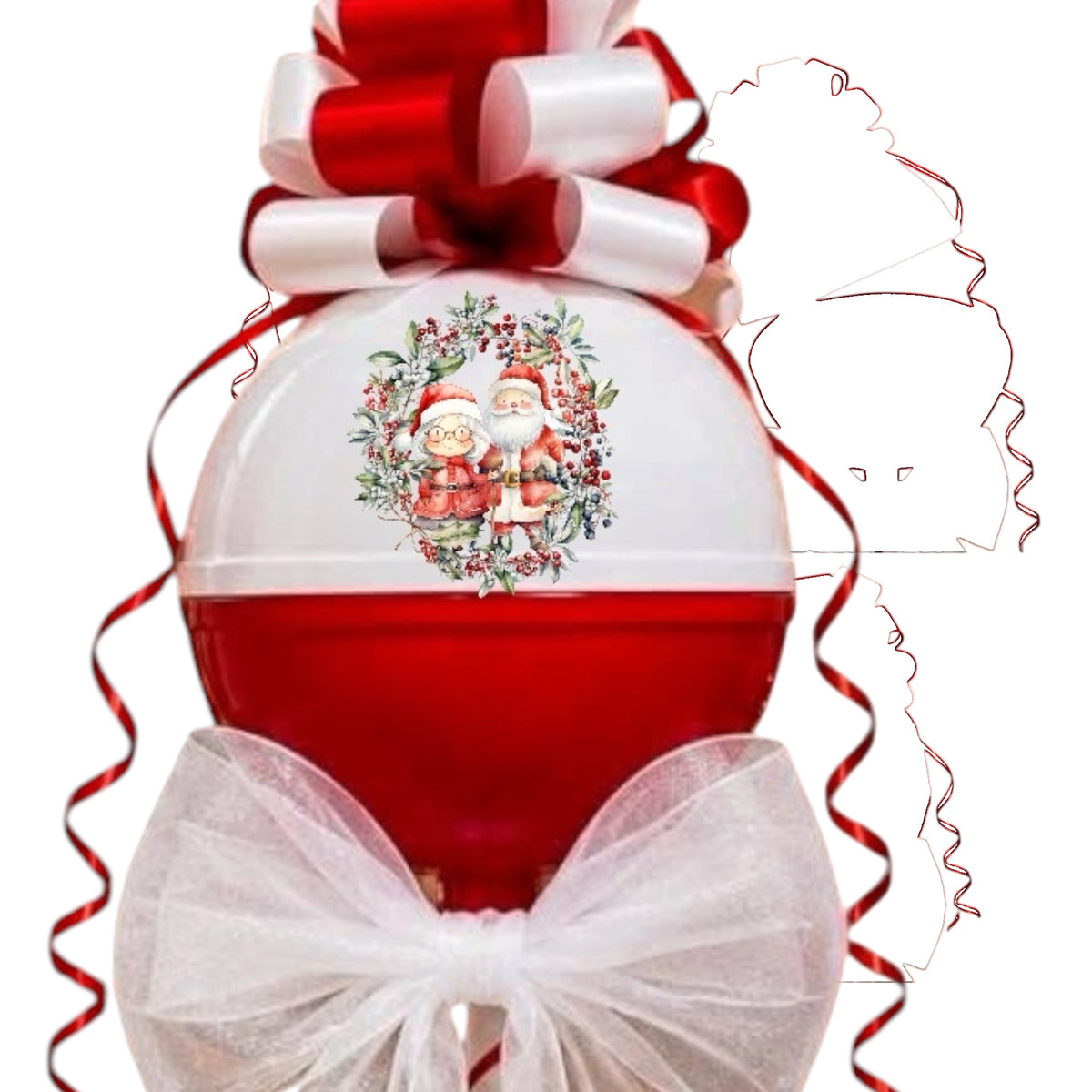 A Christmas-themed spherical ornament or gift decoration with a red lower half, white upper half, red and white bow on top, white tulle bow at the bottom, and a central Santa illustration surrounded by greenery. A faint outline of a Santa hat appears on the right side.