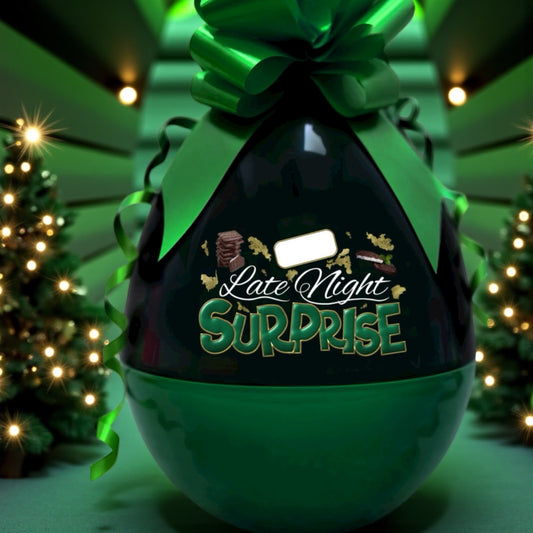 Black and green egg-shaped container with 'Late Night Surprise' text, surrounded by Christmas trees.