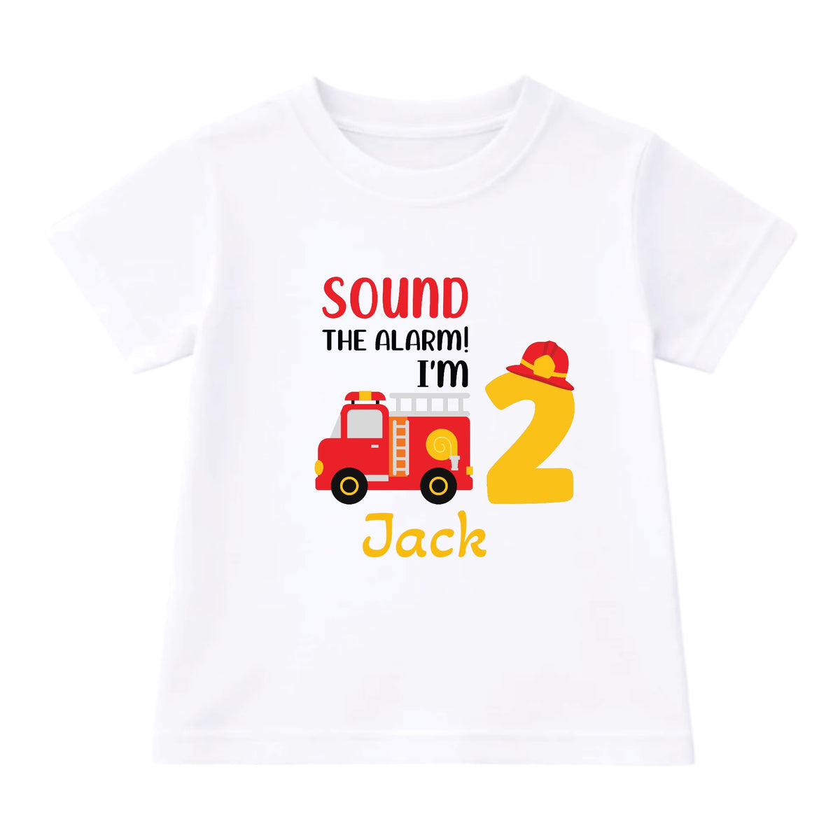 White t-shirt with a fire truck design and text on a white background