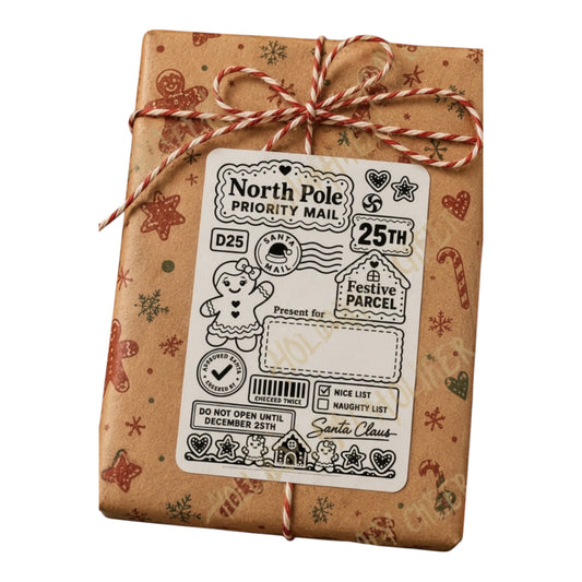 A Christmas-themed North Pole Priority Mail package wrapped in brown kraft paper with red and green holiday patterns, tied with a red and white striped twine bow and featuring a festive white label.