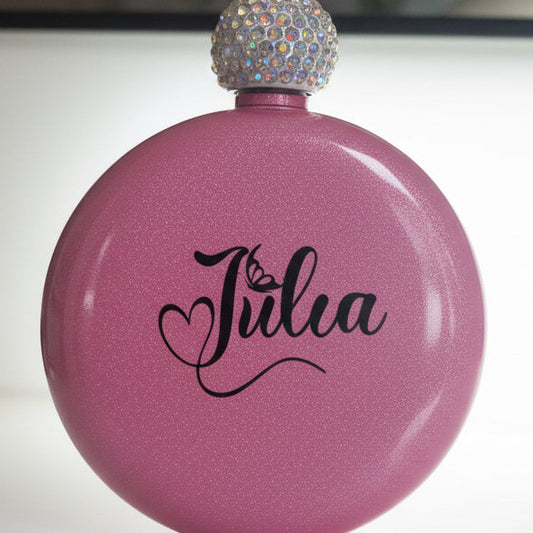 Pink perfume bottle with 'Julia' branding on a white background
