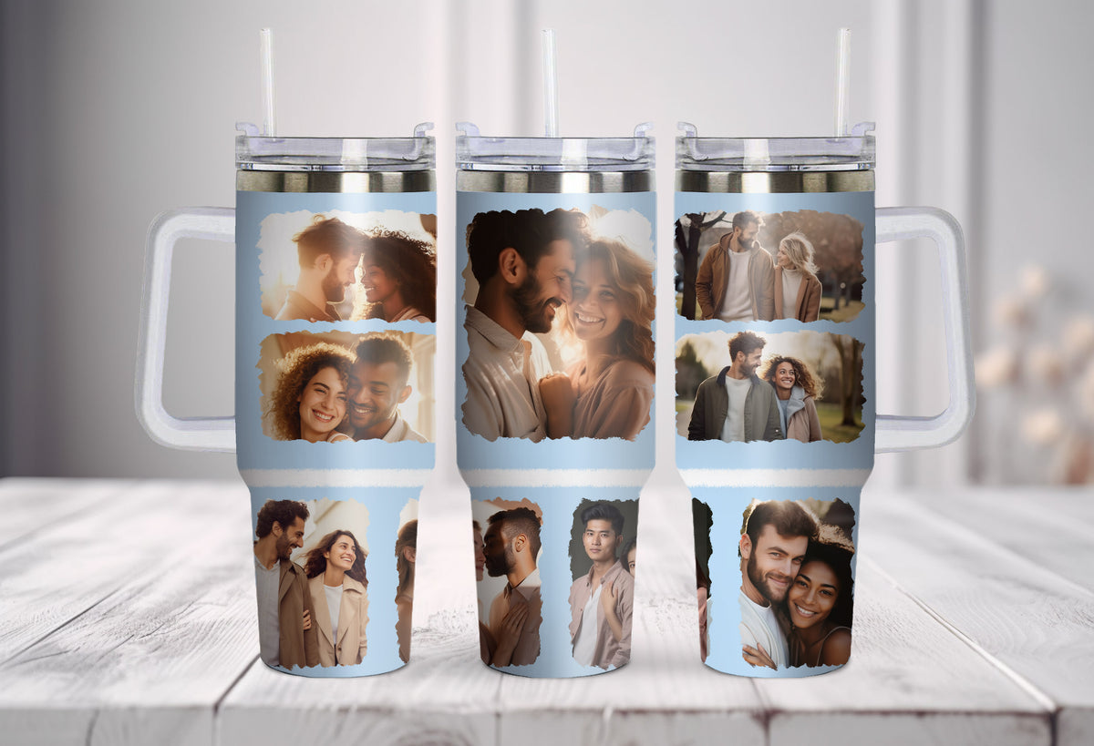 Three insulated tumblers with personalized photo collage designs on a wooden surface.