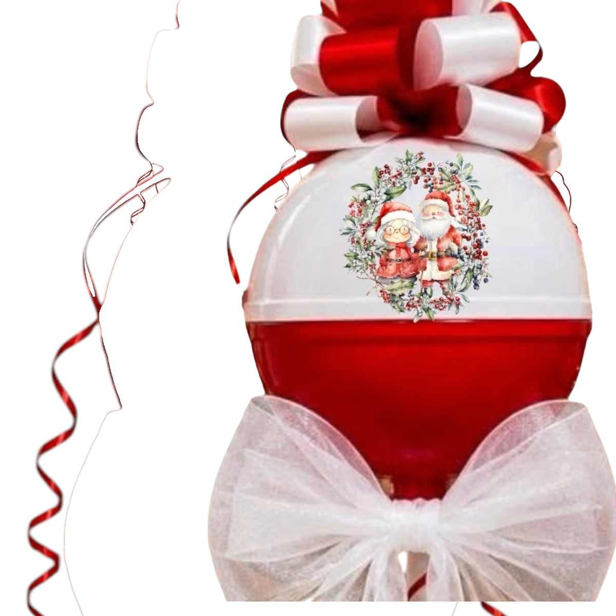 A red and white Christmas-themed spherical gift container or ornament with a printed Santa illustration in the center, decorated with a large red and white bow on top and a white tulle bow at the bottom, shown on a white background with a red curling ribbon.