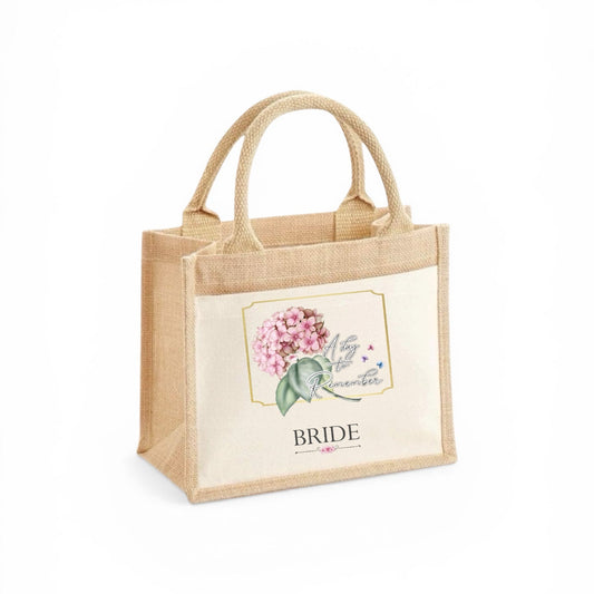 Jute bag with floral design and 'BRIDE' text on a white background