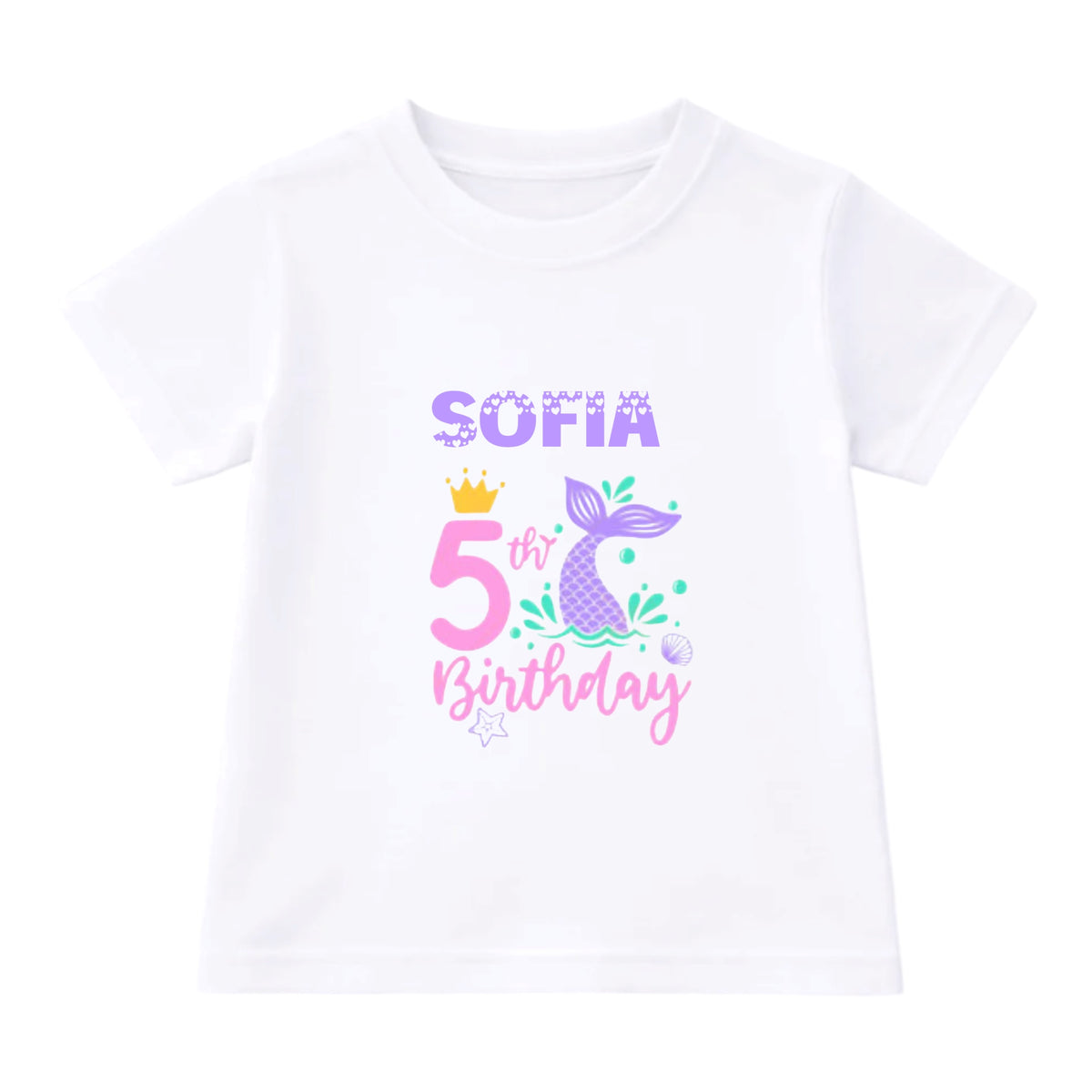 White t-shirt with a mermaid-themed birthday design on a white background