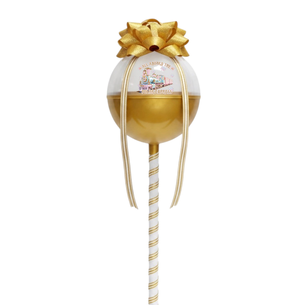 A decorative Christmas ornament shaped like a lollipop, featuring a white and gold spherical candy body with a gold bow on top, and a white and gold striped stick, shown against a plain white background.