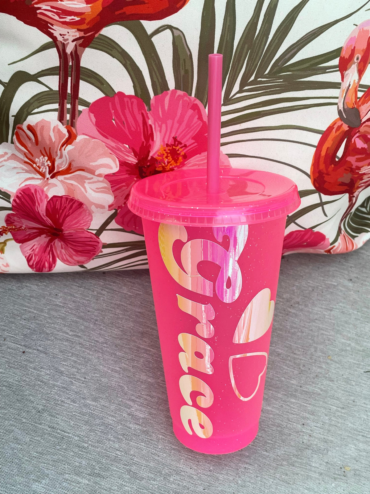 Sparkle 24oz Cold Cups with straw mirrors personalised