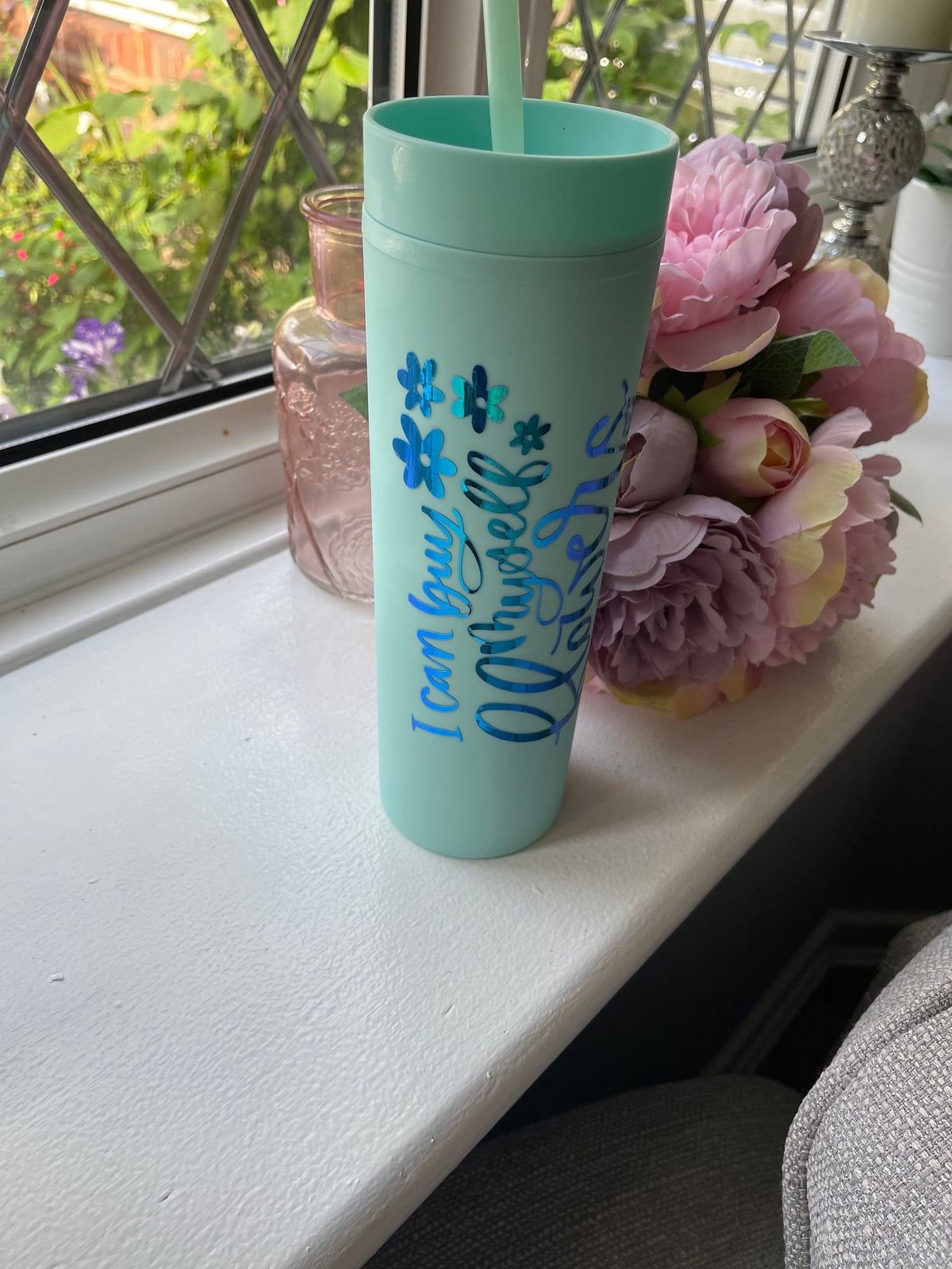 Insulated 16oz Skinny Cup / I Can By Myself Flower  / Summer cup / cold drinks
